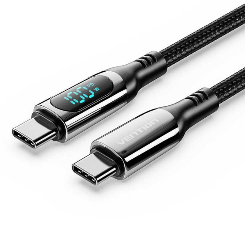Vention Cotton Braided USB 2.0 C Male to C Male 5A Cable With LED Display 2M Black Zinc Alloy Type