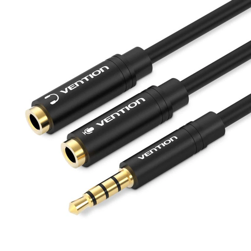 Vention 4 Pole 3.5mm Male to 2*3.5mm Female Stereo Splitter Cable 0.3M Black Metal Type