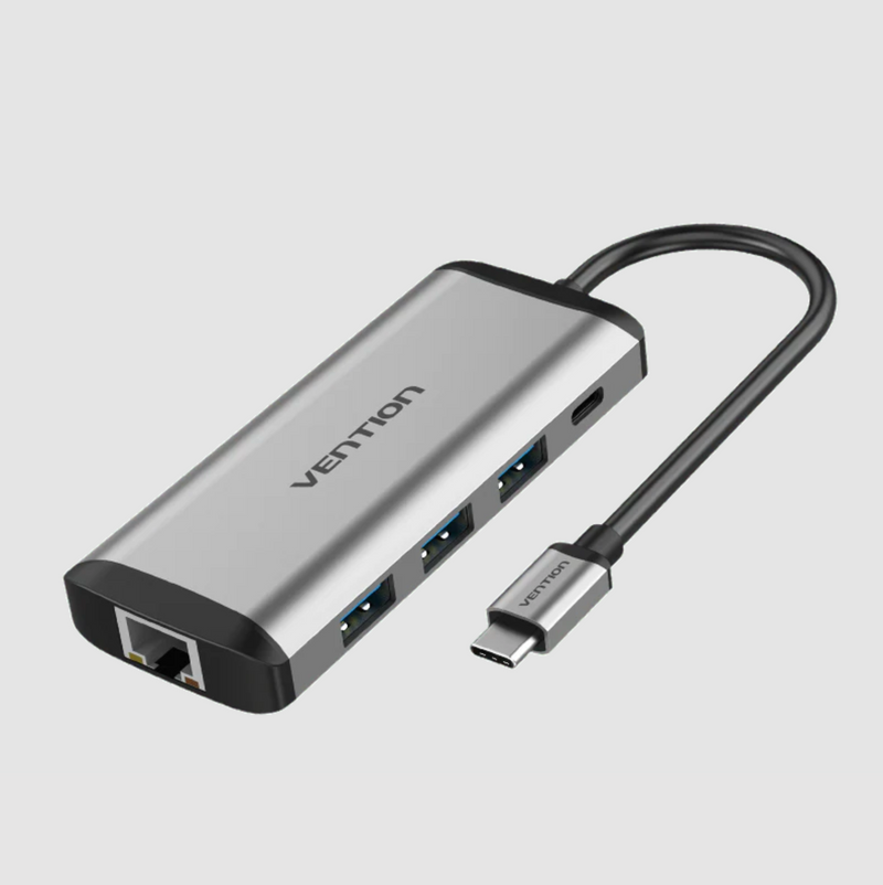 Vention Multi-function Type-C to HDMI/USB3.0*3/TF/SD/RJ45/3.5mm/PD Docking Station 0.15m Gray Metal Type