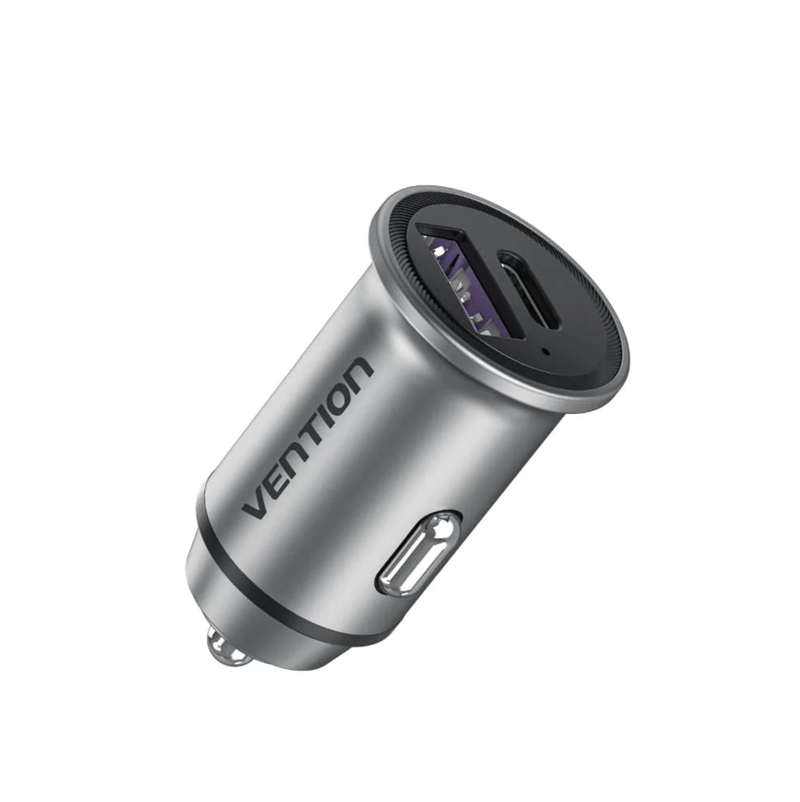 Vention Two-Port USB A+C(30+30) Car Charger Gray Mini Style Aluminium Alloy Type