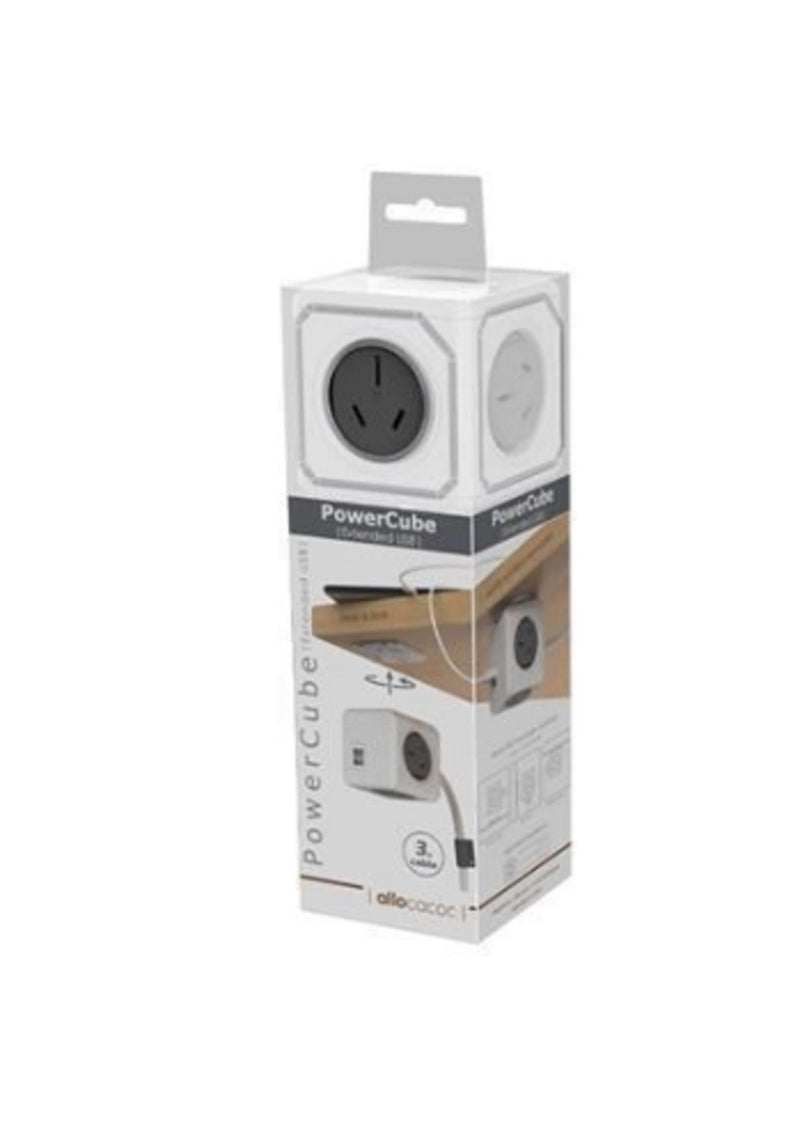 ALLOCACOC POWERCUBE Extended 4 Outlets with 2 USB, 3M - Grey