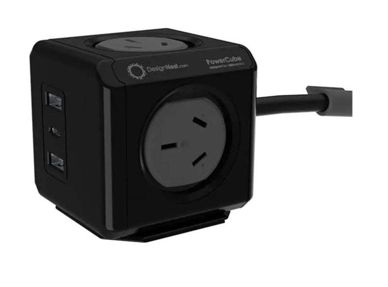 Allocacoc PowerCube Extended 4 Outlets 2 USB-A + 1 USB-C PD 20W with Surge 1.5M - Black