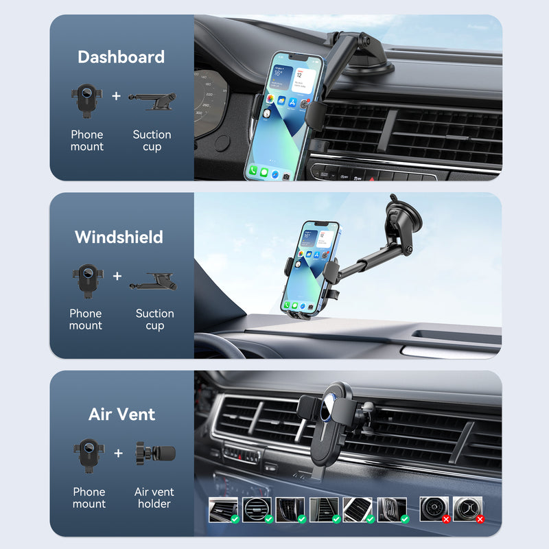 Vention One Touch Clamping Car Phone Mount with Suction Cup+Duckbill Clip Black Square Type
