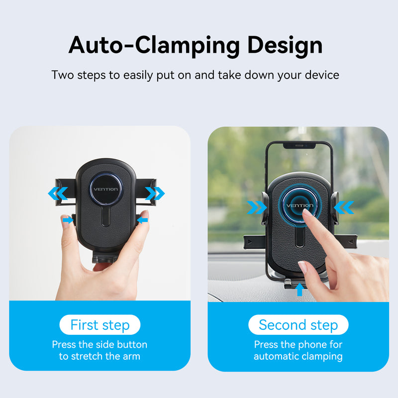 Vention One Touch Clamping Car Phone Mount with Suction Cup+Duckbill Clip Black Square Type