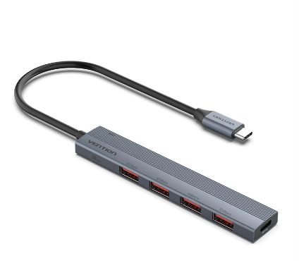 Vention USB-C to USB 3.2 Gen 2 Type-A x 4 Mini Hub with USB-C Power Supply Port 0.25M Gray Aluminum Alloy Type