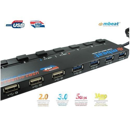 mbeat 4 Port USB 3.0 plus 3 Port USB 2.0 Hub with Switches and Power Adapter