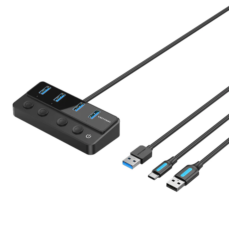 Vention USB 3.0 to USB 3.0 x4+USB C Hub With Individual Power Switches 1M Black