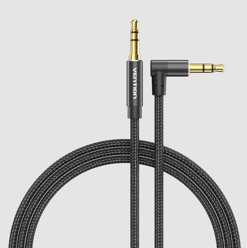 Vention Cotton Braided 3.5mm Male to Male Right Angle Audio Cable 2M Black Aluminium Alloy Type