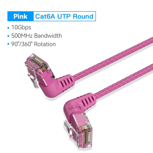 Vention Cat6A UTP Rotate Right Angle Ethernet Patch Cable 0.5M Pink Slim Type