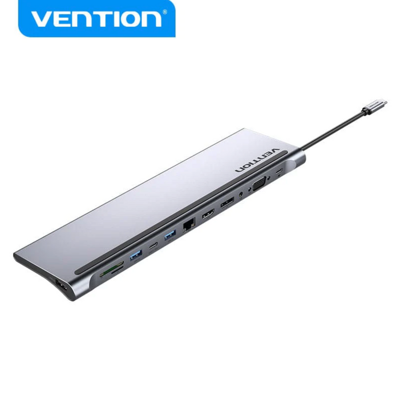 Vention Multi-function USB-C to DP/HDMI/VGA/USB-C Gen 1/USB 3.0x2/USB 2.0/RJ45/SD/TF/TRRS 3.5mm/PD Docking Station 0.25m Gray Metal Type