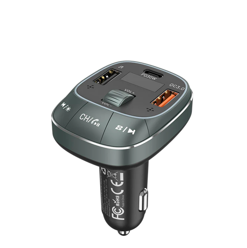 Vention 3-Port USB (C + A + A) Car Charger with FM Transmitter (30W/18W/5W) Black ABS Type