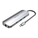Vention Multi-function USB-C to HDMI/USB-C Gen 1/USB3.0x2/RJ45/SD/TF/TRRS 3.5mm/PD Docking Station 0.15M Gray Aluminum Alloy Type