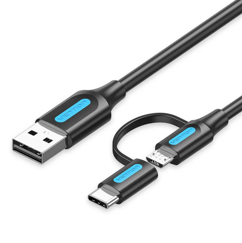 Vention USB 2.0 A Male to 2-in-1 Micro-B&USB-C Male 3A Cable 2M Black