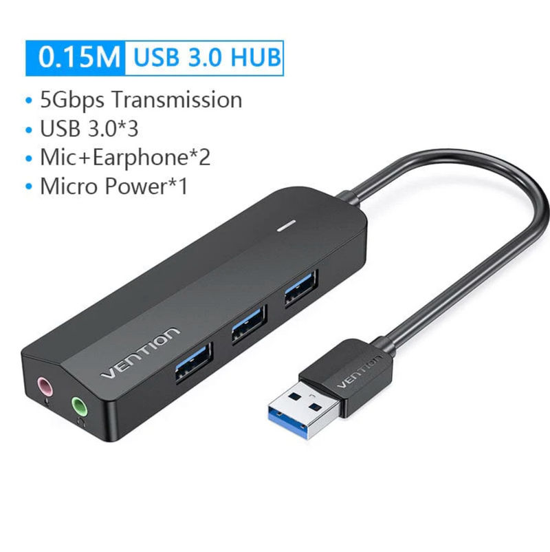 Vention 3-Port USB 3.0 Hub with Sound Card and Power Supply 0.15M Black