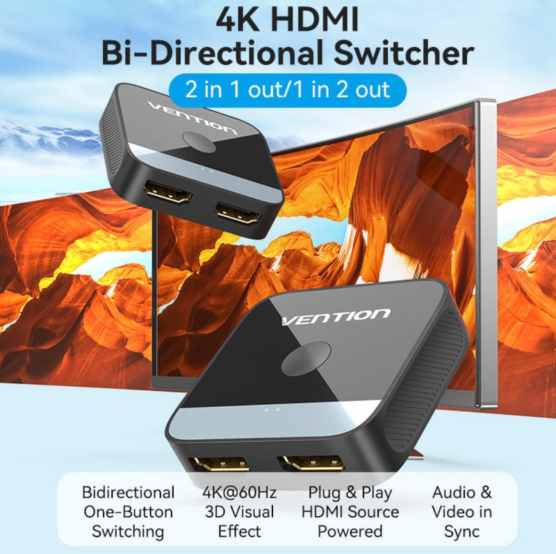 Vention 2-Port HDMI Bi-Direction 4K Switcher Black ABS Type