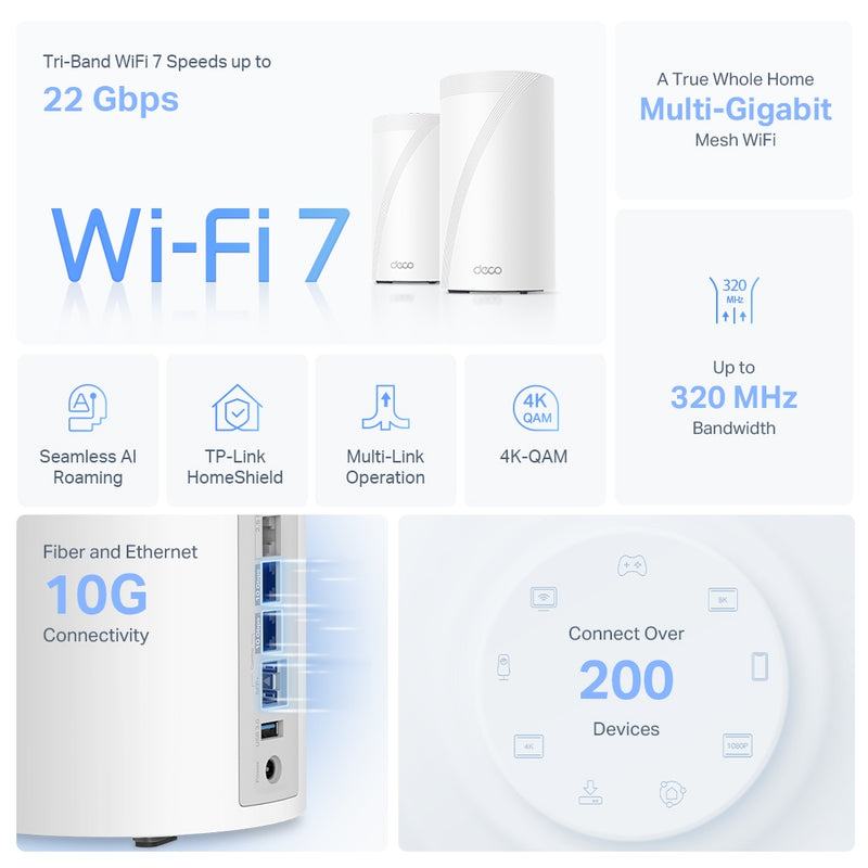 TP-Link Deco BE85 BE22000 Tri-Band Whole Home Mesh Wi-Fi 7 System - 2 Pack