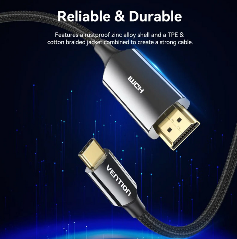 Vention Cotton Braided USB-C to HDMI-A 8K HD Cable 1.8M Black Zinc Alloy Type