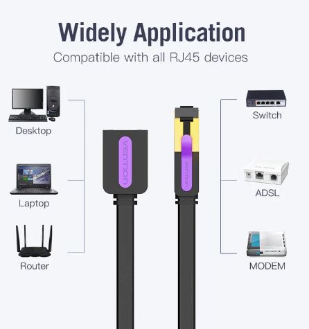 Vention Flat Cat.7 Extension Patch Cable 10M Black
