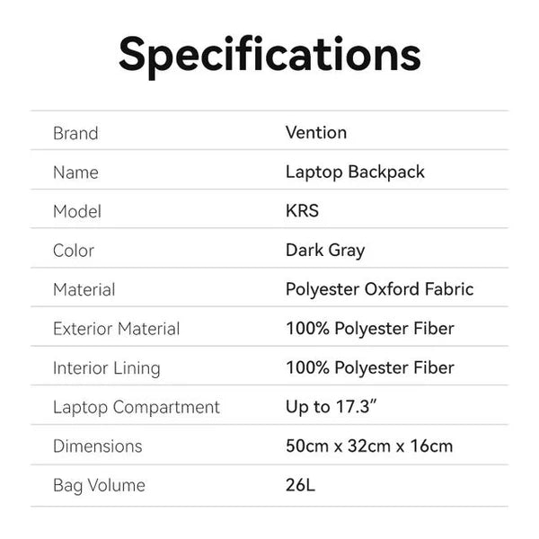 Vention 17.3 Inch Water-Repellent Laptop Backpack (50cm x 32cm x 16cm) Black