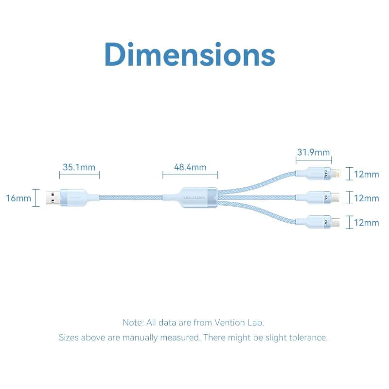 Vention USB 2.0 A Male to 3-in-1 USB-C & Lightning & Micro-B Male 6A Cable Aluminum Alloy Type