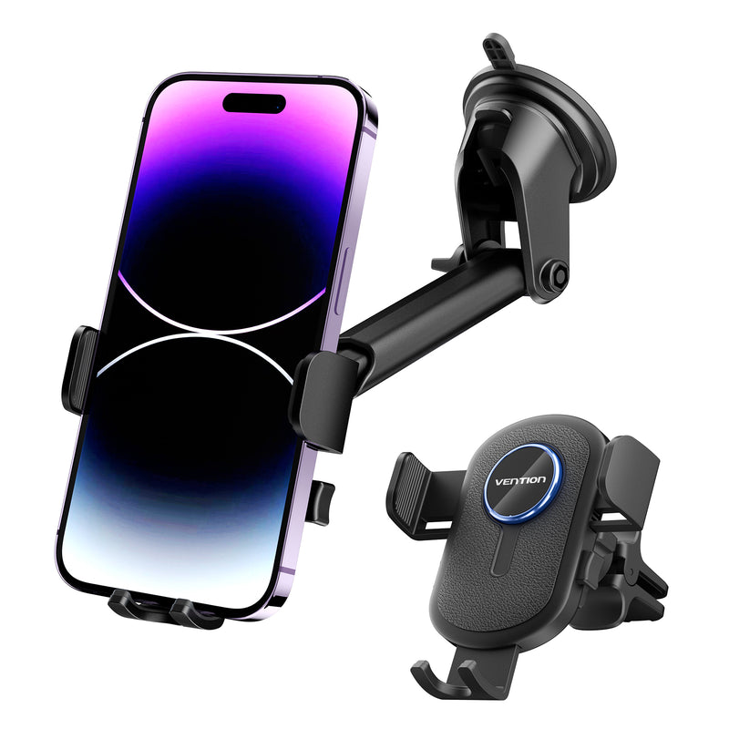 Vention One Touch Clamping Car Phone Mount with Suction Cup+Duckbill Clip Black Square Type