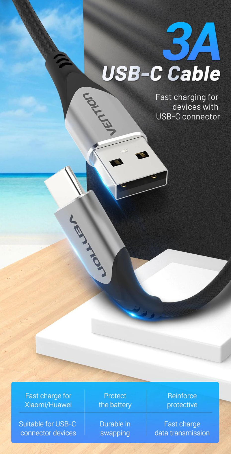 Vention USB 2.0 A Male to C Male 3A Cable 3M Black