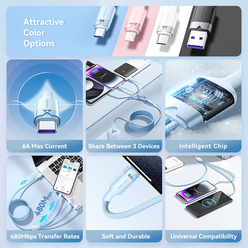 Vention USB 2.0 A Male to 3-in-1 USB-C & Lightning & Micro-B Male 6A Cable Aluminum Alloy Type