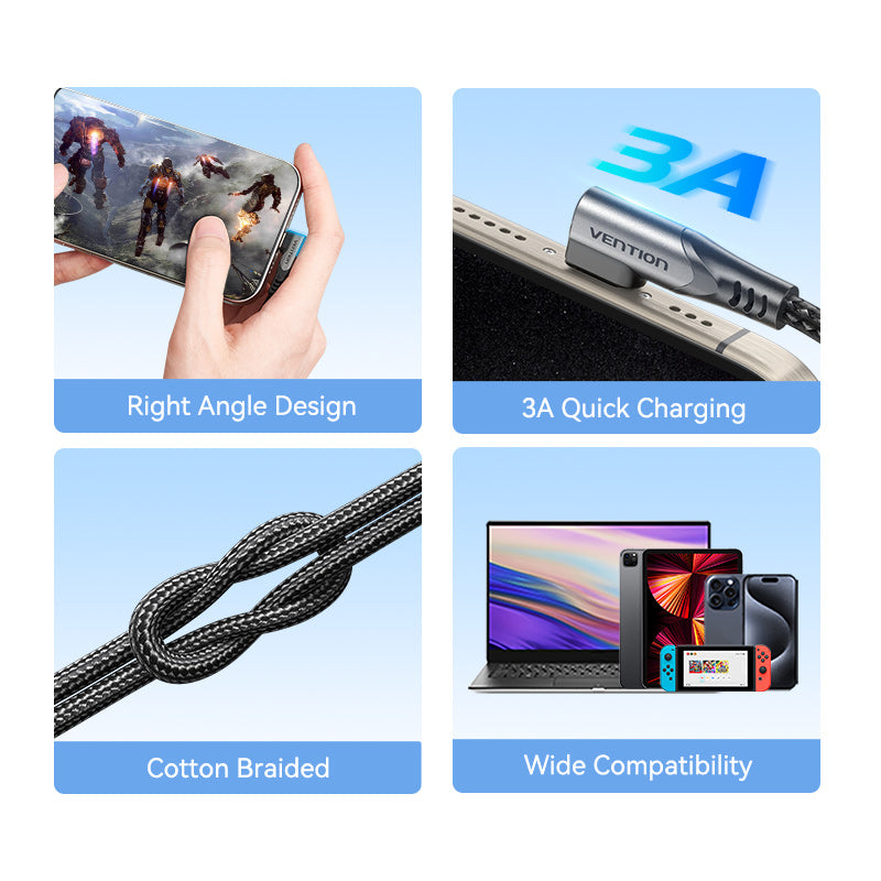 Vention USB 2.0 Type-C Male to Type-C Male Right Angle 3A Cable 1M Gray Aluminum Alloy Type