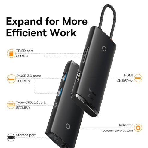 Baseus Lite Series 6-Port Type-C HUB Docking Station (Type-C to HDMI+USB3.0*2+PD+SD/TF) Black