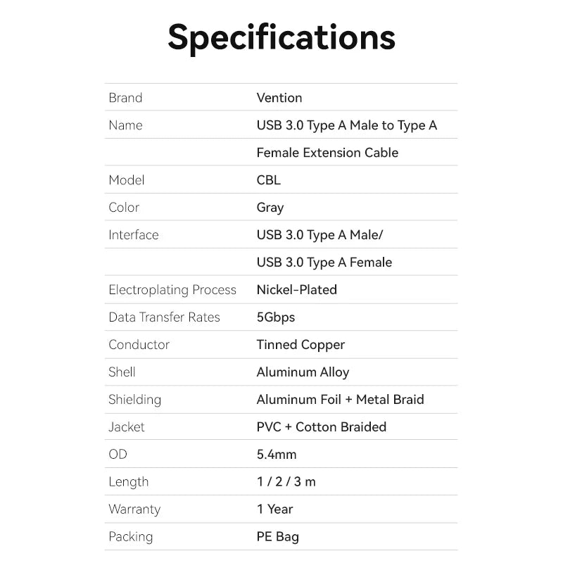 Vention Cotton Braided USB 3.0 Type A Male to Female Extension Cable 1M Gray Aluminum Alloy Type