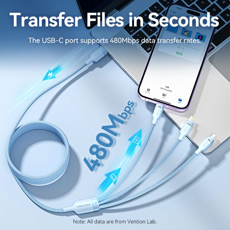 Vention USB 2.0 A Male to 3-in-1 USB-C & Lightning & Micro-B Male 6A Cable Aluminum Alloy Type