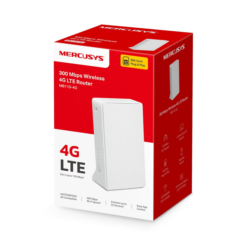 Mercusys N300 Wi-Fi 4G LTE Router, Build-In 150Mbps 4G LTE Modem