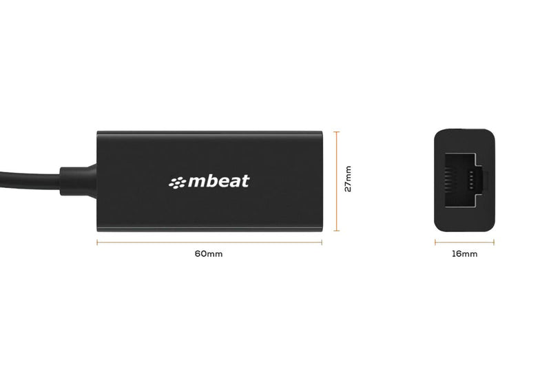 mbeat USB-C to Gigabit Ethernet (RJ45) LAN Adapter - Black