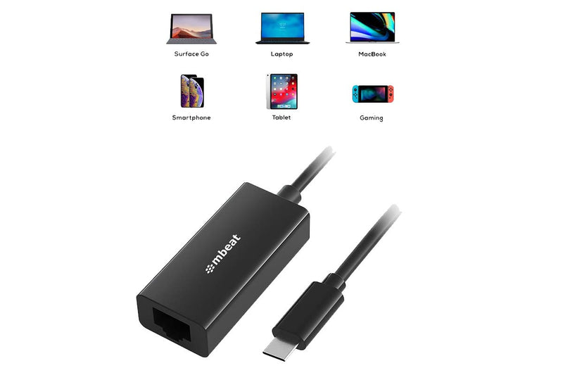 mbeat USB-C to Gigabit Ethernet (RJ45) LAN Adapter - Black