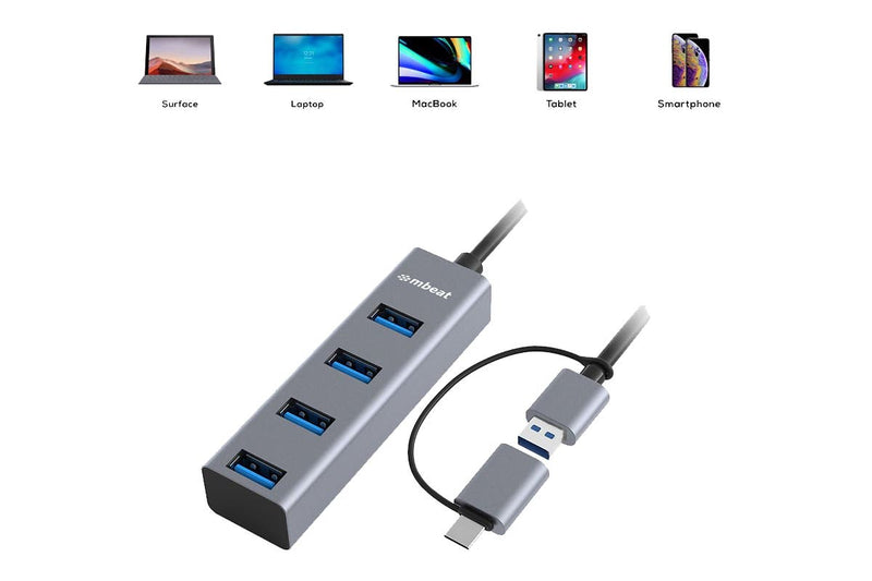 mbeat 4-Port USB3.0 Hub with USB-C Converter - Space Grey