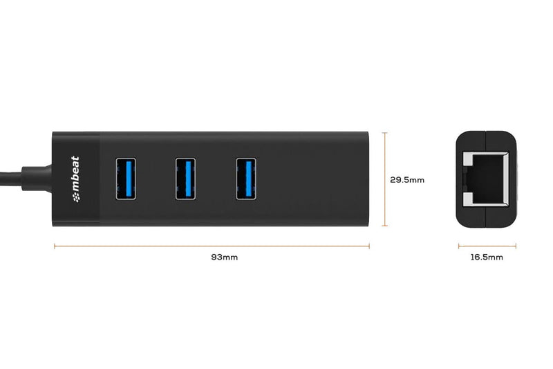 mbeat 3-Port USB3.0 Hub + Gigabit Ethernet (RJ45) LAN -Black