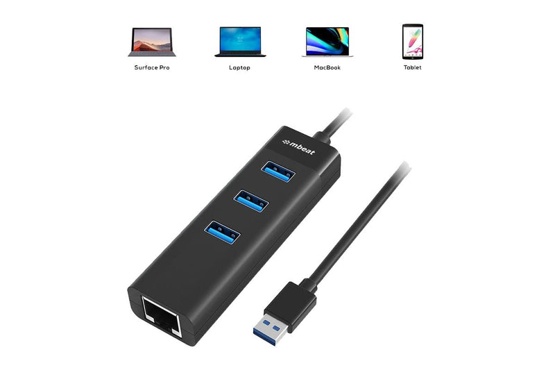 mbeat 3-Port USB3.0 Hub + Gigabit Ethernet (RJ45) LAN -Black