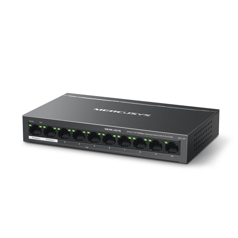 Mercusys MS110P, 10-Port 10/100Mbps Desktop Switch with 8-Port PoE+