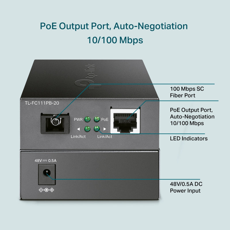 TP-Link TL-FC111PB-20 10/100Mbps WDM Media Converter with 1-Port PoE