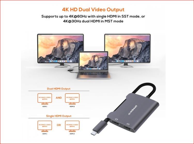 mbeat Tough Link USB-C to Dual 4K HDMI Adapter - Space Grey