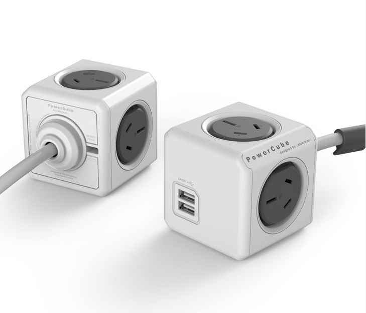 ALLOCACOC POWERCUBE Extended USB Grey 4-Outlets with 2-USB