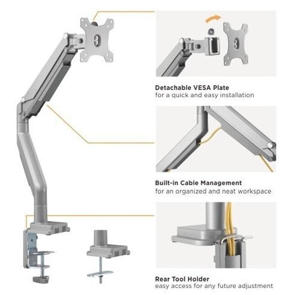 Bracom Gas Spring Single Aluminum Monitor Arm for 17"-32" Desk Mount