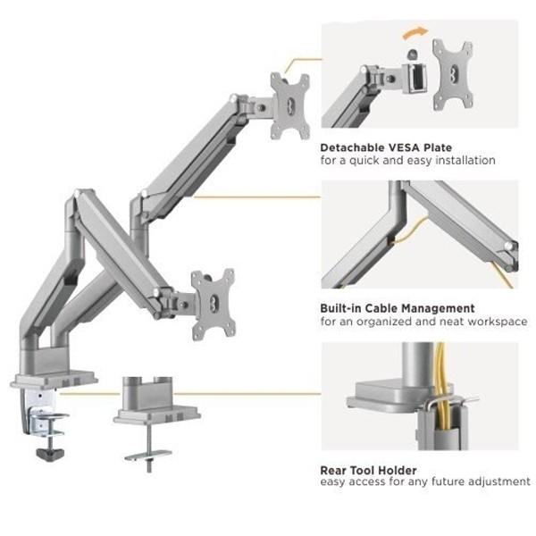 Bracom Gas Spring Dual Aluminum Monitor Arm for 17"-32" Desk Mount