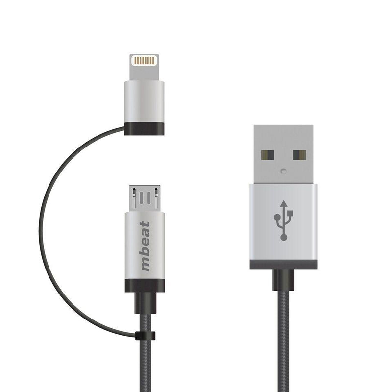 mBeat MFI certified 1M 2-in-1 Lightning & Micro USB Nylon braided cable. - Silver