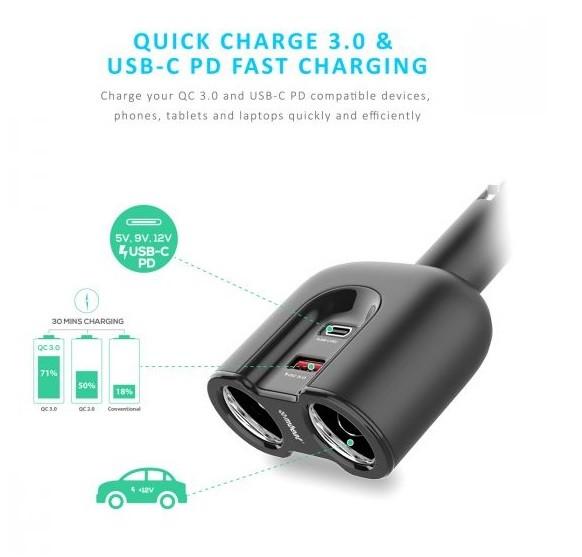Gorilla Power Dual Port USB-C PD & QC3.0 Car Charger with Cigar Lighter Splitter